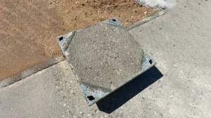 Modern kentsel alanlar ve peyzaj projeleri için peyzaj entegreli, taş dolgulu gizli metal müdahale kapağı uygulaması