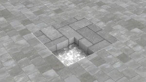 Modern kentsel alanlar ve peyzaj projeleri için peyzaj entegreli, taş dolgulu gizli metal müdahale kapağı uygulaması