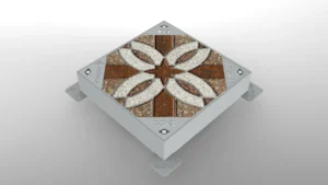 Modern kentsel alanlar ve peyzaj projeleri için peyzaj entegreli, taş dolgulu gizli metal müdahale kapağı uygulaması