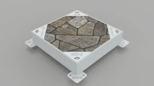 Modern kentsel alanlar ve peyzaj projeleri için peyzaj entegreli, taş dolgulu gizli metal müdahale kapağı uygulaması