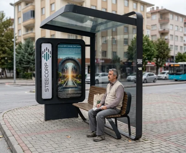 Kentsel ulaşım için tasarlanmış, cam tavanlı ve ahşap oturma alanına sahip STC-MODERN DURAK modeli