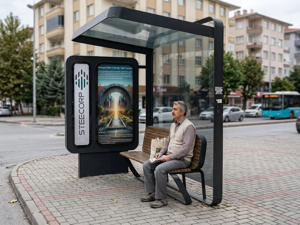 Kentsel ulaşım için tasarlanmış, cam tavanlı ve ahşap oturma alanına sahip STC-MODERN DURAK modeli