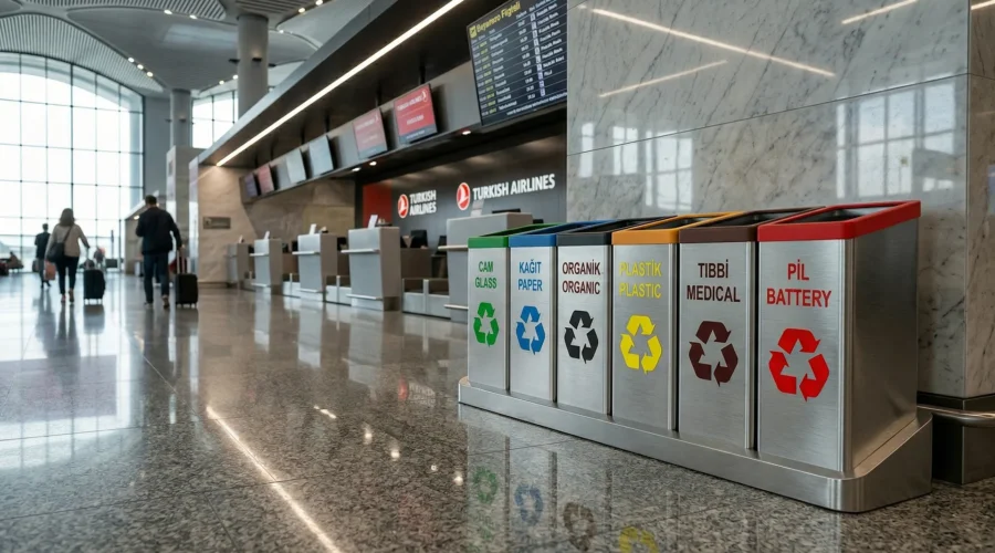 STEECORP Çoklu Atık Kutusu: Geri dönüşüm için tasarlanmış, modüler yapıda, siyah ve turuncu metal detaylı ultra gerçekçi modern atık yönetim sistemi.