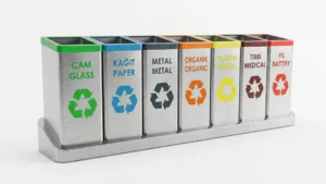 STEECORP Çoklu Atık Kutusu: Geri dönüşüm için tasarlanmış, modüler yapıda, siyah ve turuncu metal detaylı ultra gerçekçi modern atık yönetim sistemi.