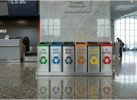 STEECORP Çoklu Atık Kutusu: Geri dönüşüm için tasarlanmış, modüler yapıda, siyah ve turuncu metal detaylı ultra gerçekçi modern atık yönetim sistemi.