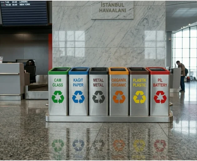 STEECORP Çoklu Atık Kutusu: Geri dönüşüm için tasarlanmış, modüler yapıda, siyah ve turuncu metal detaylı ultra gerçekçi modern atık yönetim sistemi.