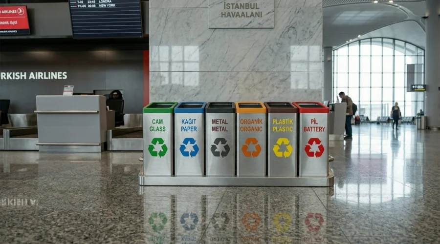 STEECORP Çoklu Atık Kutusu: Geri dönüşüm için tasarlanmış, modüler yapıda, siyah ve turuncu metal detaylı ultra gerçekçi modern atık yönetim sistemi.