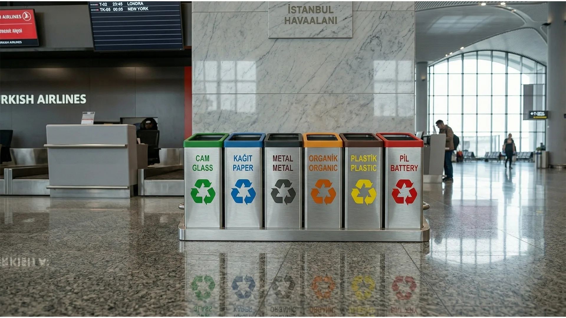 STEECORP Çoklu Atık Kutusu: Geri dönüşüm için tasarlanmış, modüler yapıda, siyah ve turuncu metal detaylı ultra gerçekçi modern atık yönetim sistemi.