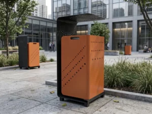 STC-ATIK KUTUSU: İç mekanlar için tasarlanmış, bakır ve antrasit metal detaylı, modern ve minimalist atık yönetim ünitesi.