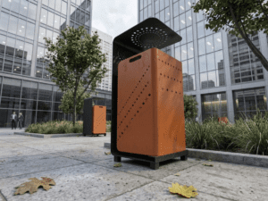 STC-ATIK KUTUSU: İç mekanlar için tasarlanmış, bakır ve antrasit metal detaylı, modern ve minimalist atık yönetim ünitesi.