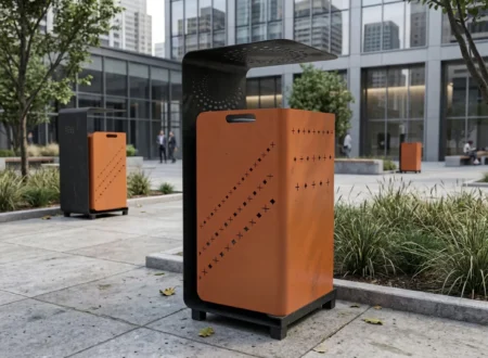 Şehir meydanlarında kullanılan, estetik ve dayanıklı STEECORP marka STC-ATIK KUTUSU modern atık yönetim ünitesi