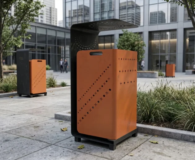 Şehir meydanlarında kullanılan, estetik ve dayanıklı STEECORP marka STC-ATIK KUTUSU modern atık yönetim ünitesi