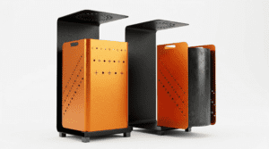 STC-ATIK KUTUSU: İç mekanlar için tasarlanmış, bakır ve antrasit metal detaylı, modern ve minimalist atık yönetim ünitesi.