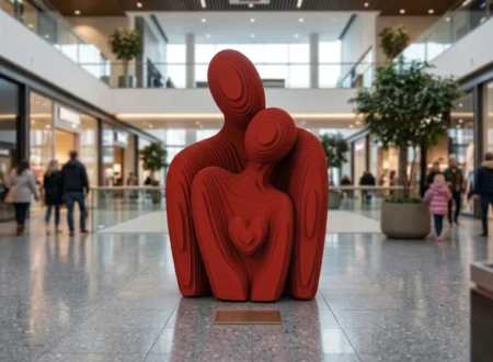 STC Çelikten Sevgi, katmanlı çelik heykel, kırmızı heykel, kalp şeklinde heykel, kucaklaşan figürler heykeli