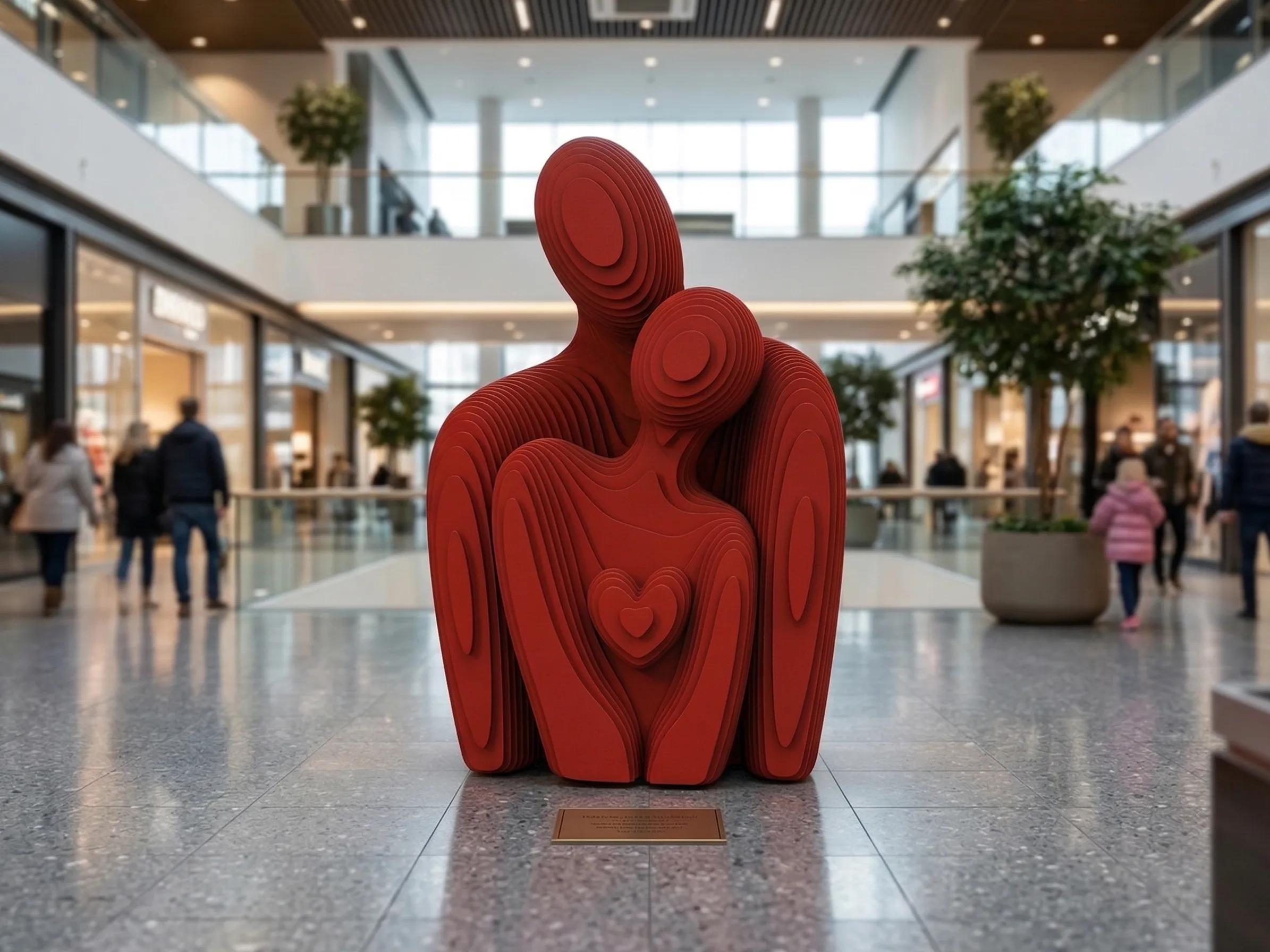 STC Çelikten Sevgi, katmanlı çelik heykel, kırmızı heykel, kalp şeklinde heykel, kucaklaşan figürler heykeli