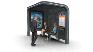 Sokak köşesinde modern STEECORP akıllı otobüs durağı ve bankta oturan yolcular.