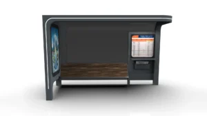 Sokak köşesinde modern STEECORP akıllı otobüs durağı ve bankta oturan yolcular.