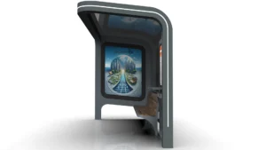 Sokak köşesinde modern STEECORP akıllı otobüs durağı ve bankta oturan yolcular.