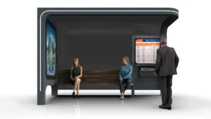 Sokak köşesinde modern STEECORP akıllı otobüs durağı ve bankta oturan yolcular.
