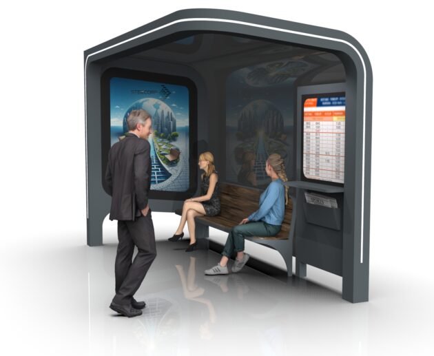 Sokak köşesinde modern STEECORP akıllı otobüs durağı ve bankta oturan yolcular.