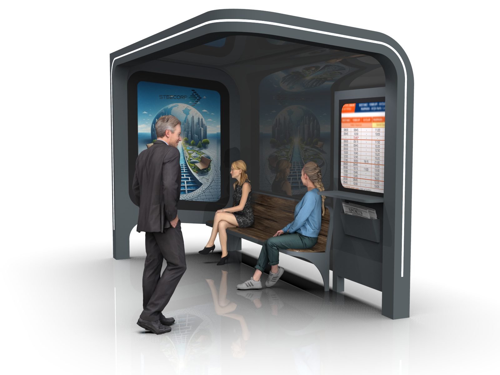 Sokak köşesinde modern STEECORP akıllı otobüs durağı ve bankta oturan yolcular.