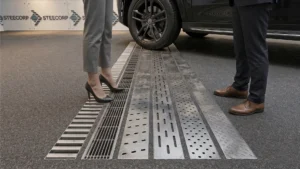 Hijyenik iç mekan uygulamaları için AISI 316 paslanmaz çelik dikdörtgen drenaj kanalı genel görünümü.