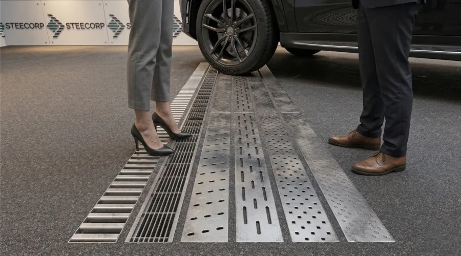 Hijyenik iç mekan uygulamaları için AISI 316 paslanmaz çelik dikdörtgen drenaj kanalı genel görünümü.