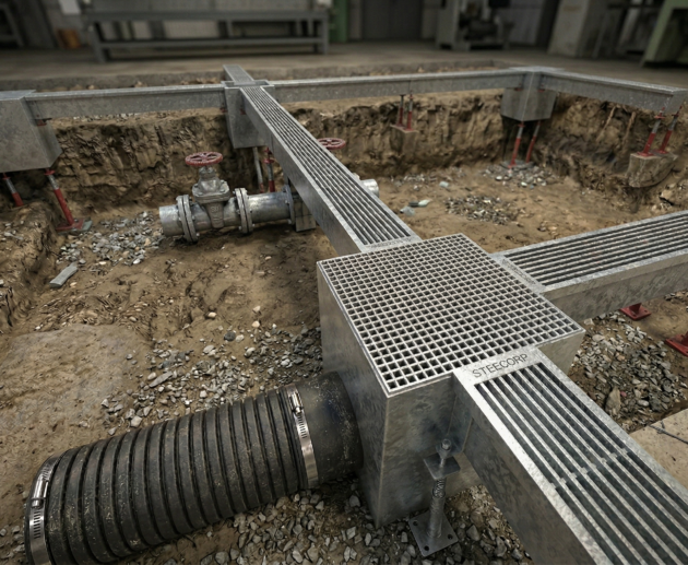 Hijyenik iç mekan uygulamaları için AISI 316 paslanmaz çelik dikdörtgen drenaj kanalı genel görünümü.