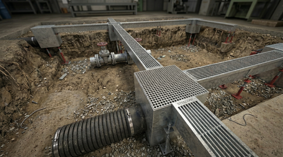 Hijyenik iç mekan uygulamaları için AISI 316 paslanmaz çelik dikdörtgen drenaj kanalı genel görünümü.