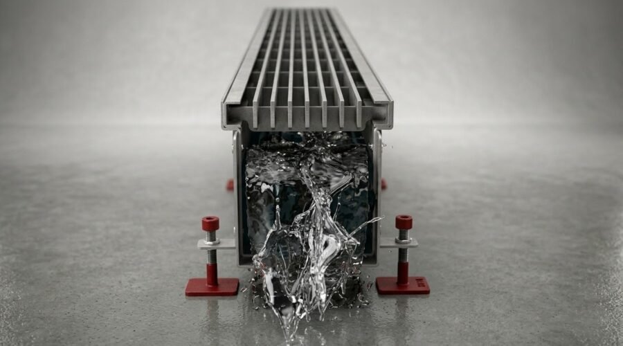 Hijyenik iç mekan uygulamaları için AISI 316 paslanmaz çelik dikdörtgen drenaj kanalı genel görünümü.