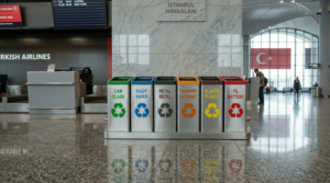 STEECORP Çoklu Atık Kutusu: Geri dönüşüm için tasarlanmış, modüler yapıda, siyah ve turuncu metal detaylı ultra gerçekçi modern atık yönetim sistemi.