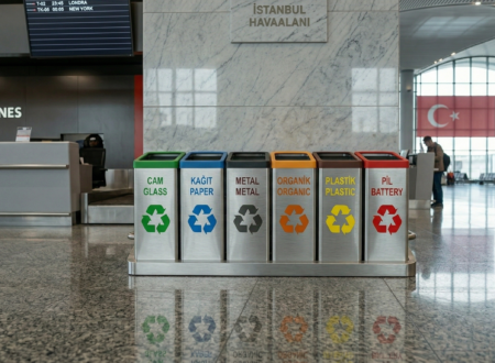 STEECORP Çoklu Atık Kutusu: Geri dönüşüm için tasarlanmış, modüler yapıda, siyah ve turuncu metal detaylı ultra gerçekçi modern atık yönetim sistemi.