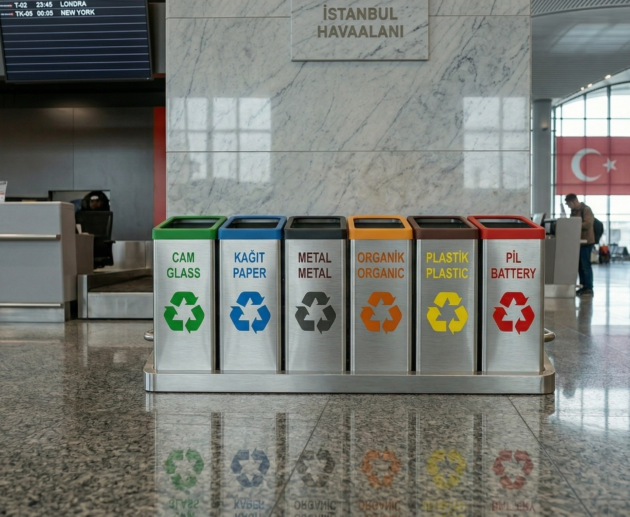 STEECORP Çoklu Atık Kutusu: Geri dönüşüm için tasarlanmış, modüler yapıda, siyah ve turuncu metal detaylı ultra gerçekçi modern atık yönetim sistemi.