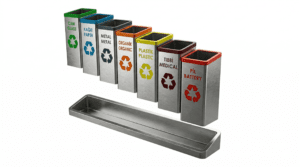 STEECORP Çoklu Atık Kutusu: Geri dönüşüm için tasarlanmış, modüler yapıda, siyah ve turuncu metal detaylı ultra gerçekçi modern atık yönetim sistemi.