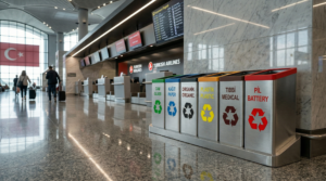 STEECORP Çoklu Atık Kutusu: Geri dönüşüm için tasarlanmış, modüler yapıda, siyah ve turuncu metal detaylı ultra gerçekçi modern atık yönetim sistemi.