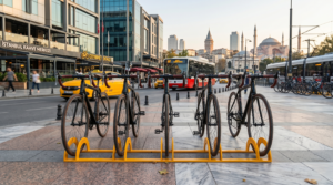 Modern şehir projeleri için tasarlanan STEECORP STC-BYC metal bisiklet durağı uygulaması.