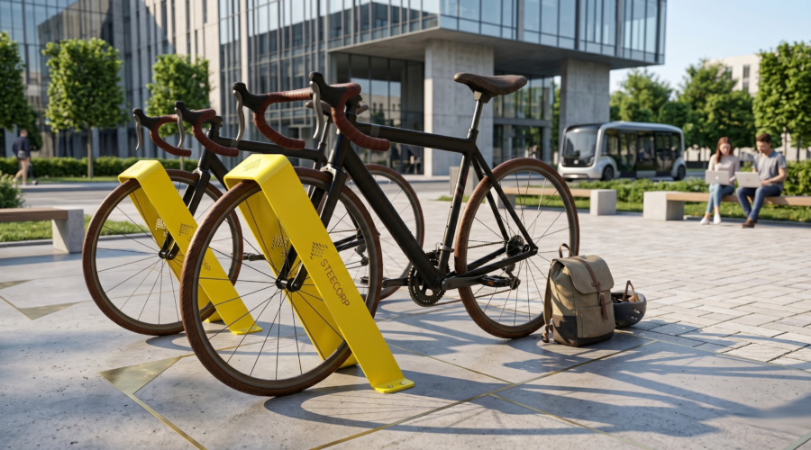 Modern şehir projeleri için tasarlanan STEECORP STC-BYC metal bisiklet durağı uygulaması.