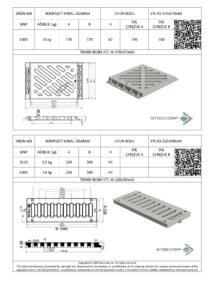 STEECORP kompozit kanal ızgarası ölçüleri ve teknik çizim tablosu.