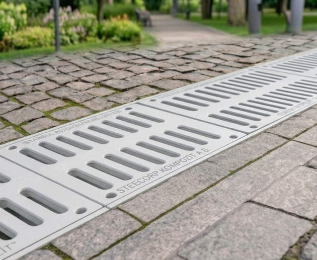 STEECORP kompozit kanal ızgarası ölçüleri ve teknik çizim tablosu.